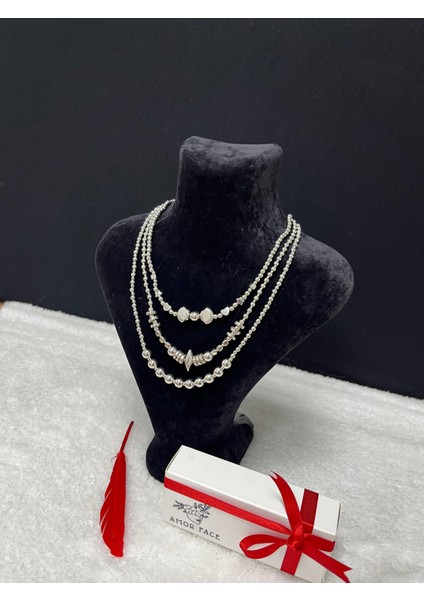 Özel Tasarım Silver Deniz Kabukları Detaylı Üçlü Luxury Kadın Inci Gerdanlık Kolye