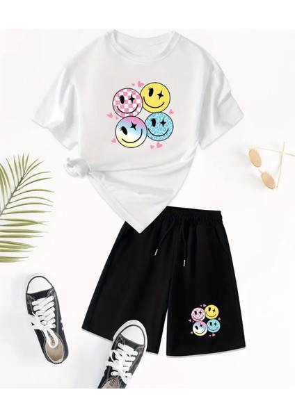 Punıx Kıds Özel Üretim Emoji Baskılı Yeni Stil Kız Çocuk T-Shırt Şort Takım