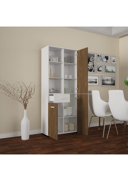 Modilayn 55 x 165 x 30CM Çok Amaçlı Dolap 3 Kapaklı 7 Raflı Çekmeceli Banyo Dolabı Ofis Dolabı
