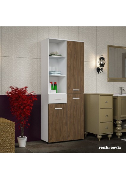 Modilayn 55 x 165 x 30CM Çok Amaçlı Dolap 3 Kapaklı 7 Raflı Çekmeceli Banyo Dolabı Ofis Dolabı