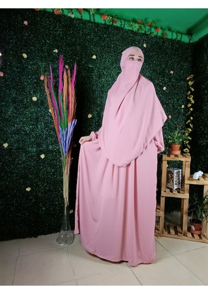Umre Takım Pudra Pembe Medine Ipeği Üç Parça Halinde-Sufle-Seyyar Peçe Gizli Cep Mevcut modelleri