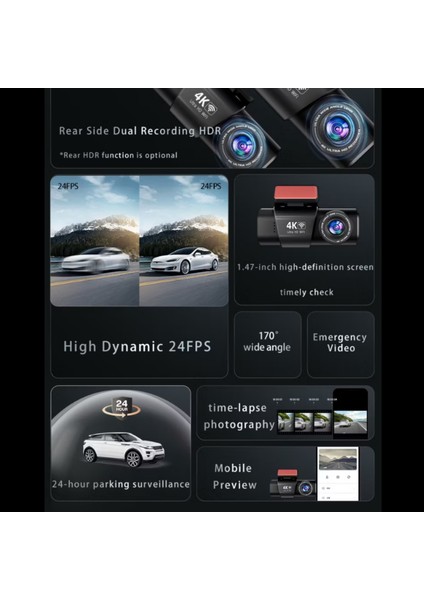 L308 4K UHD Araç Içi Kamera 128GB – Wifi, Ir Gece Görüşü, Çift Lens Ön-Arka-Iç Kayıt, App Kontrol Dashcam