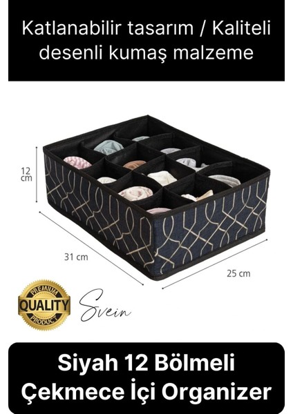 12 Bölmeli Dolap Çekmece Içi Düzenleyici Siyah Organizer