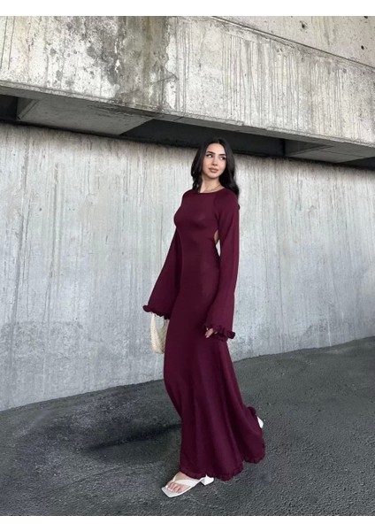 Acık Sırt Detaylı Maxi Uzun Boy Elbise- Bordo
