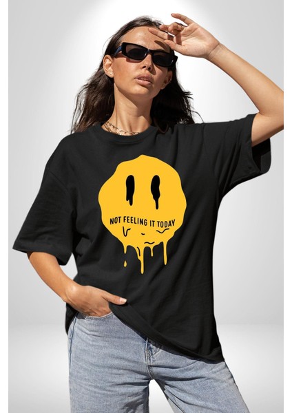 Eriyen Emoji Bugün Hissetmiyorum Grafik Baskılı Pamuklu Penye Kadın Erkek Siyah Tişört