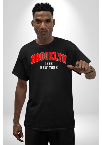 Brooklyn Kırmızı Grafik Baskılı Pamuklu Penye Kadın Erkek Siyah Tişört