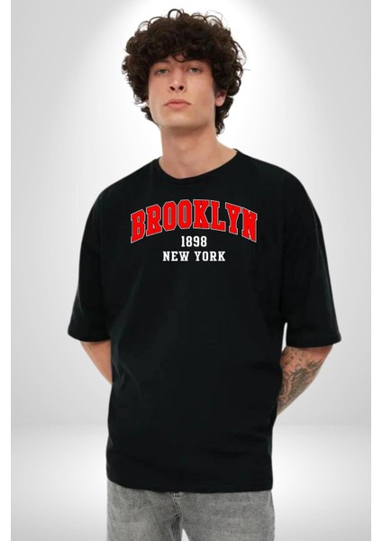Brooklyn Kırmızı Grafik Baskılı Pamuklu Penye Kadın Erkek Siyah Tişört modelleri