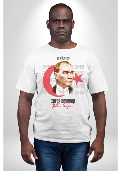30 Ağustos Zafer Bayramı ve Atatürk Ay Yıldız Grafik Baskılı Pamuklu Penye Kadın Erkek Beyaz Tişört