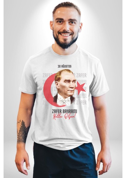 30 Ağustos Zafer Bayramı ve Atatürk Ay Yıldız Grafik Baskılı Pamuklu Penye Kadın Erkek Beyaz Tişört modelleri