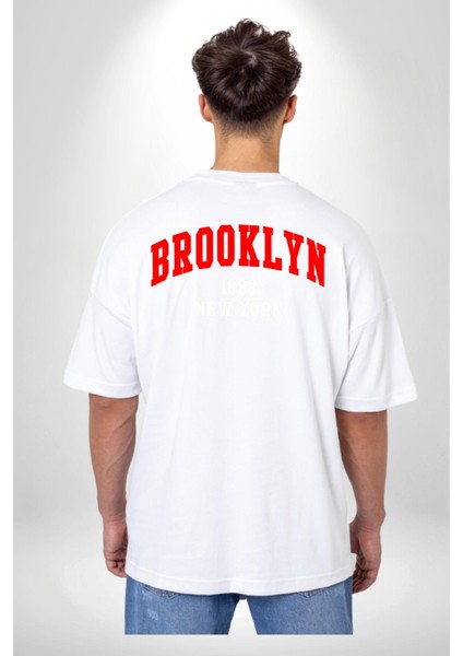 Brooklyn Kırmızı Minimal Cep Baskılı Pamuklu Penye Kadın Erkek Beyaz Tişört modelleri