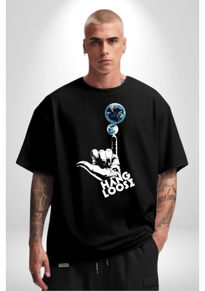 Hang Loose Dünya Temalı Eğlenceli Tasarım Grafik Baskılı Pamuklu Penye Kadın Erkek Siyah Tişört