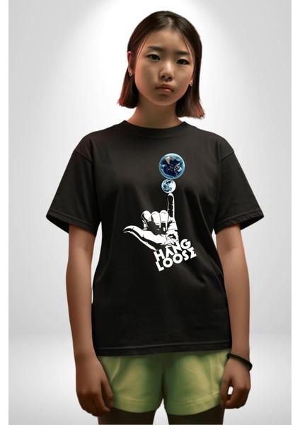 Hang Loose Dünya Temalı Eğlenceli Tasarım Grafik Baskılı Pamuklu Penye Kadın Erkek Siyah Tişört modelleri