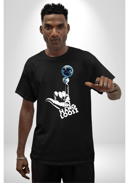 Hang Loose Dünya Temalı Eğlenceli Tasarım Grafik Baskılı Pamuklu Penye Kadın Erkek Siyah Tişört fırsatları