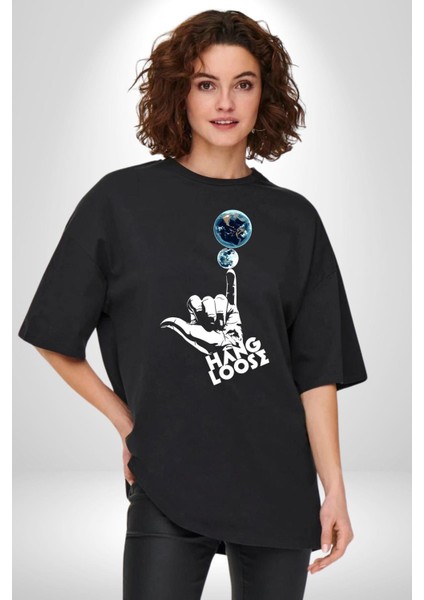 Hang Loose Dünya Temalı Eğlenceli Tasarım Grafik Baskılı Pamuklu Penye Kadın Erkek Siyah Tişört indirimleri