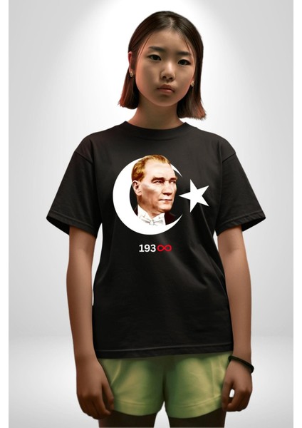 Ay Yıldız Atatürk 10 Kasım Sonsuza Kadar Grafik Baskılı Pamuklu Penye Kadın Erkek Siyah Tişört fiyatları