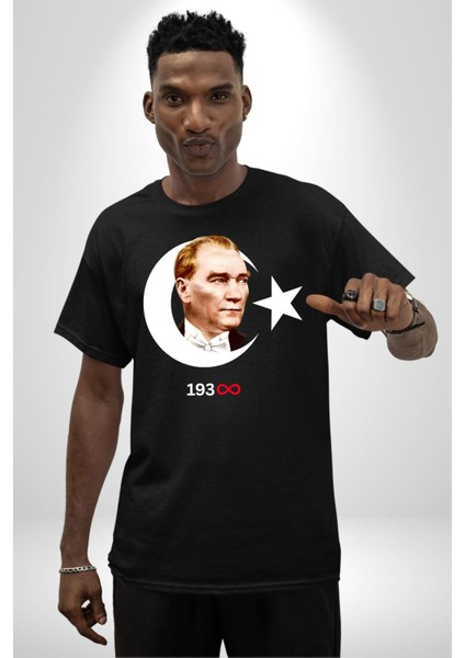 Ay Yıldız Atatürk 10 Kasım Sonsuza Kadar Grafik Baskılı Pamuklu Penye Kadın Erkek Siyah Tişört modelleri