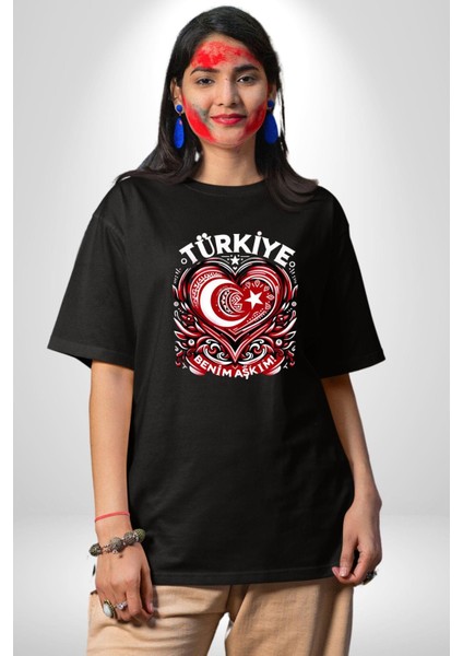 Türkiye Ay Yıldız Kırmızı Beyaz Kalp Grafik Baskılı Pamuklu Penye Kadın Erkek Siyah Tişört modelleri