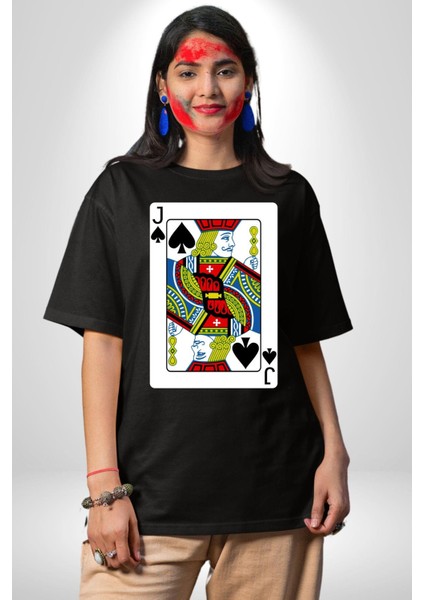 Jack Of Spades Klasik Iskambil Kartı Grafiği Grafik Baskılı Pamuklu Penye Kadın Erkek Siyah Tişört