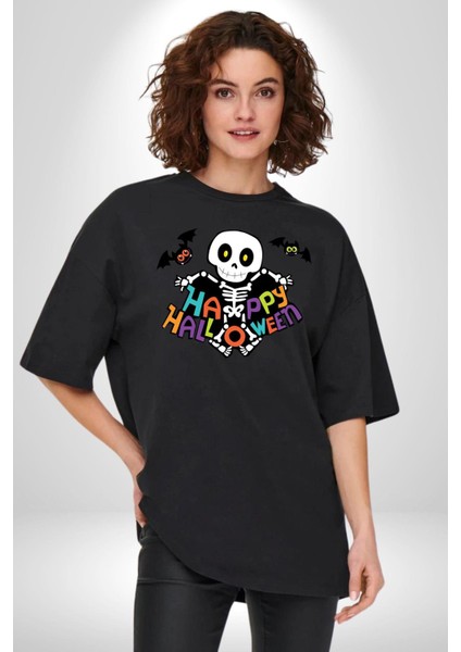 Halloween Skeleton Eğlenceli Cadılar Bayramı Grafik Baskılı Pamuklu Penye Kadın Erkek Siyah Tişört
