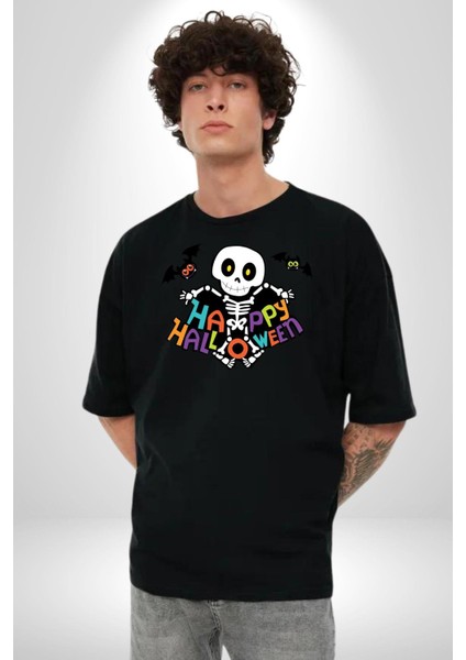 Halloween Skeleton Eğlenceli Cadılar Bayramı Grafik Baskılı Pamuklu Penye Kadın Erkek Siyah Tişört