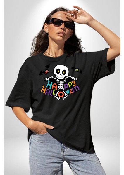 Halloween Skeleton Eğlenceli Cadılar Bayramı Grafik Baskılı Pamuklu Penye Kadın Erkek Siyah Tişört