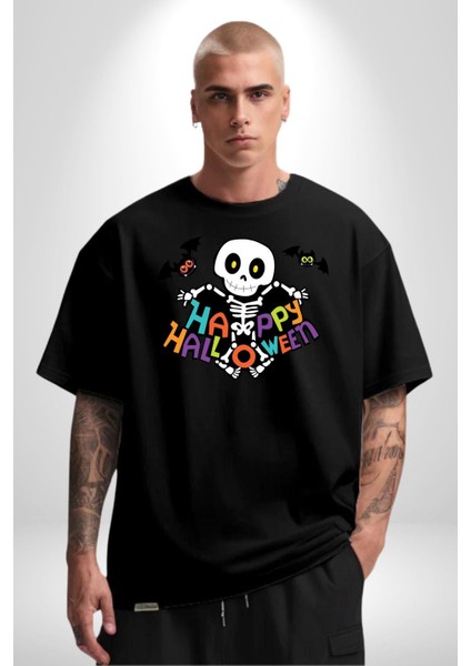 Halloween Skeleton Eğlenceli Cadılar Bayramı Grafik Baskılı Pamuklu Penye Kadın Erkek Siyah Tişört