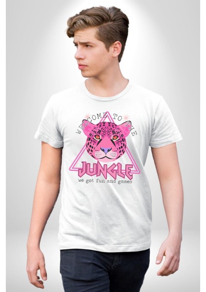 Neon Jungle Leopar Tasarım Grafik Baskılı Pamuklu Penye Kadın Erkek Beyaz Tişört modelleri