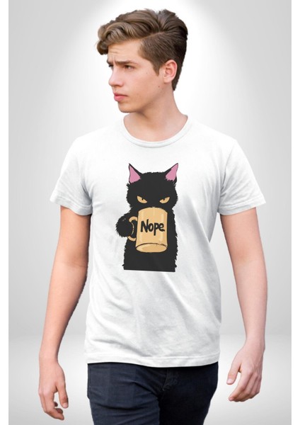 Nope Kedi Mizahi Kahve Tasarımı Grafik Baskılı Pamuklu Penye Kadın Erkek Beyaz Tişört