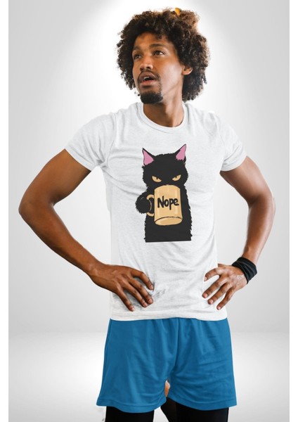 Nope Kedi Mizahi Kahve Tasarımı Grafik Baskılı Pamuklu Penye Kadın Erkek Beyaz Tişört fiyatları