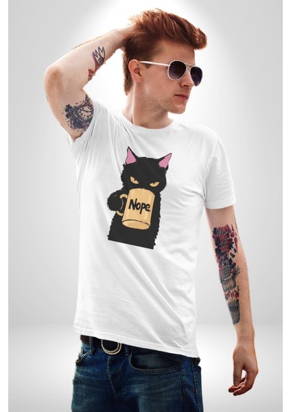Nope Kedi Mizahi Kahve Tasarımı Grafik Baskılı Pamuklu Penye Kadın Erkek Beyaz Tişört modelleri