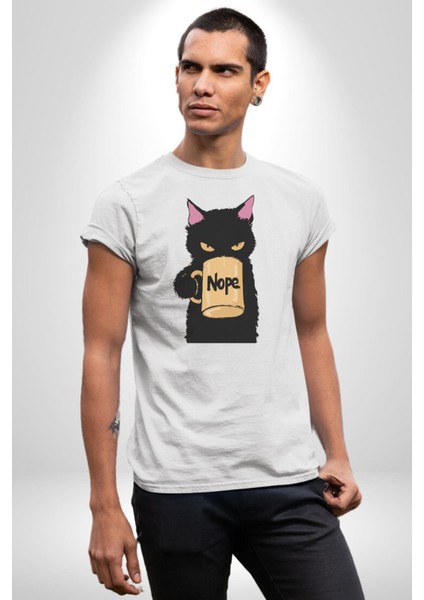 Nope Kedi Mizahi Kahve Tasarımı Grafik Baskılı Pamuklu Penye Kadın Erkek Beyaz Tişört fırsatları