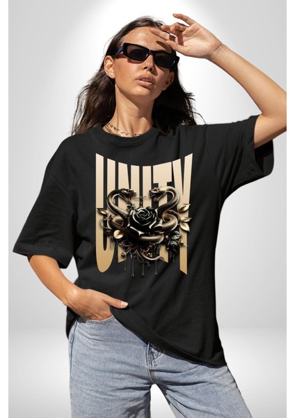 Yapay Zeka Gül Yılan Altın Siyah Gül 3D Grafik Baskılı Pamuklu Penye Kadın Erkek Siyah Tişört