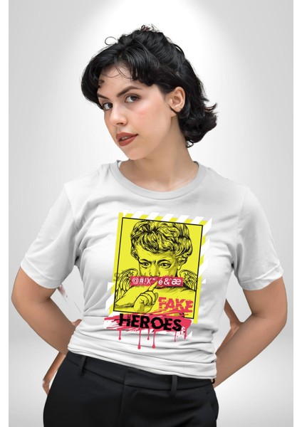 Aşk Meleği Sahte Melek Sus Grafik Baskılı Pamuklu Penye Kadın Erkek Beyaz Tişört