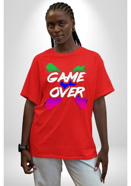 Game Over Oyun Bitti Grafik Baskılı Pamuklu Penye Kadın Erkek Kırmızı Tişört