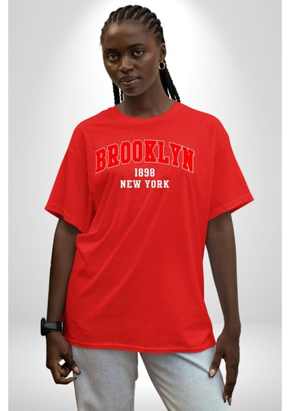 Brooklyn Kırmızı Grafik Baskılı Pamuklu Penye Kadın Erkek Kırmızı Tişört