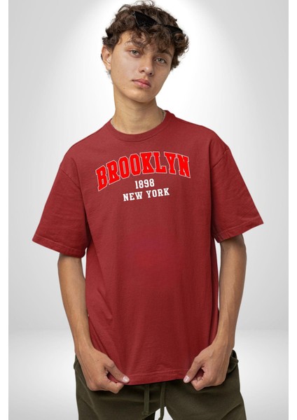 Brooklyn Kırmızı Grafik Baskılı Pamuklu Penye Kadın Erkek Kırmızı Tişört fiyatları