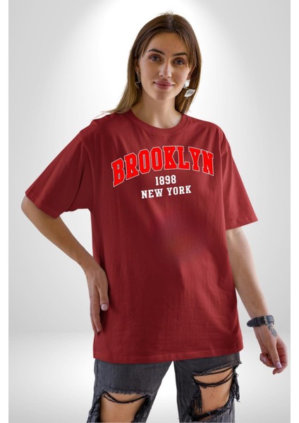 Brooklyn Kırmızı Grafik Baskılı Pamuklu Penye Kadın Erkek Kırmızı Tişört modelleri