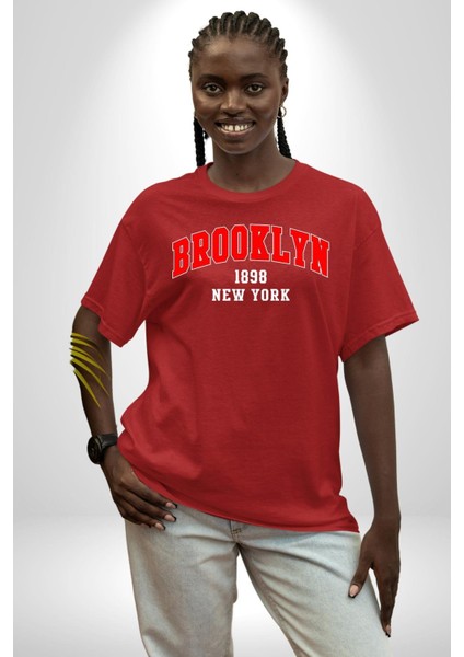 Brooklyn Kırmızı Grafik Baskılı Pamuklu Penye Kadın Erkek Kırmızı Tişört indirimleri