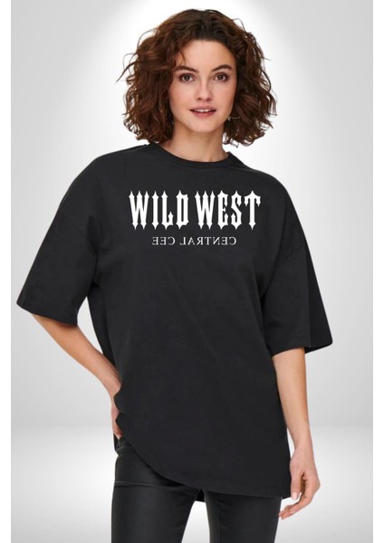 Wild West Central Cee Müzik Grafik Baskılı Pamuklu Penye Kadın Erkek Siyah Tişört