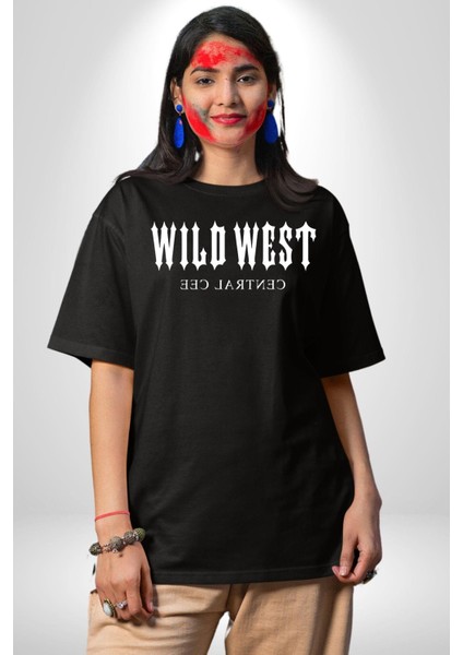 Wild West Central Cee Müzik Grafik Baskılı Pamuklu Penye Kadın Erkek Siyah Tişört