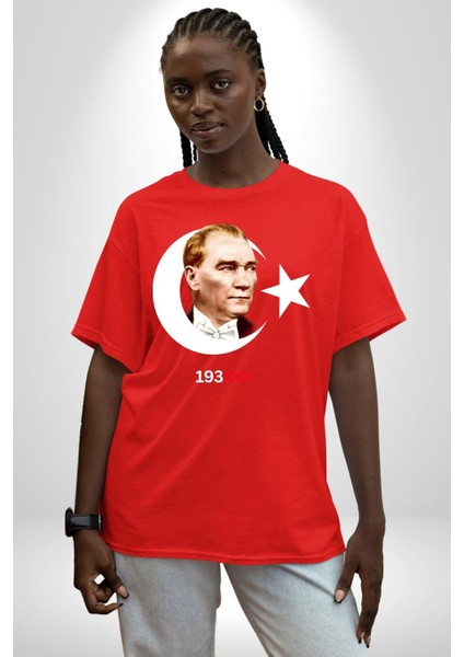 Ay Yıldız Atatürk 10 Kasım Sonsuza Kadar Grafik Baskılı Pamuklu Penye Kadın Erkek Kırmızı Tişört modelleri