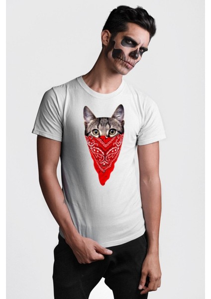 Maske Gangester Kedi Grafik Baskılı Pamuklu Penye Kadın Erkek Beyaz Tişört