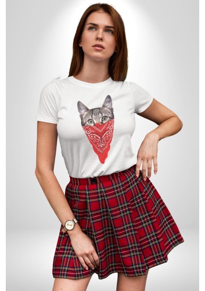 Maske Gangester Kedi Grafik Baskılı Pamuklu Penye Kadın Erkek Beyaz Tişört fiyatları