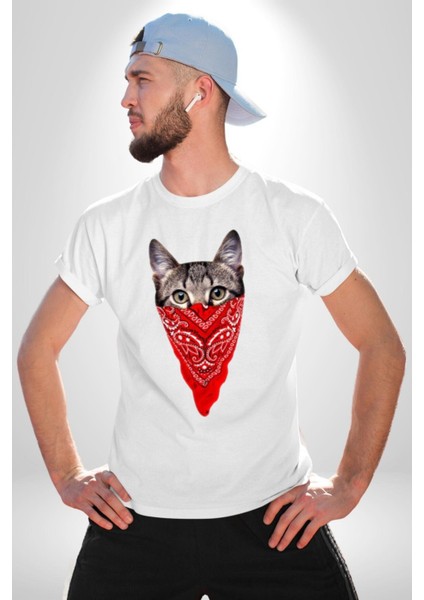 Maske Gangester Kedi Grafik Baskılı Pamuklu Penye Kadın Erkek Beyaz Tişört modelleri