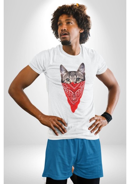 Maske Gangester Kedi Grafik Baskılı Pamuklu Penye Kadın Erkek Beyaz Tişört indirimleri