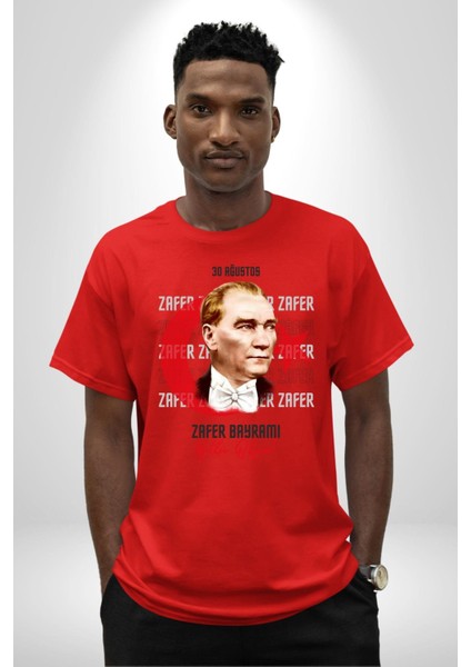30 Ağustos Zafer Bayramı ve Atatürk Ay Yıldız Grafik Baskılı Pamuklu Penye Kadın Erkek Kırmızı Tişört fırsatları