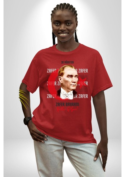 30 Ağustos Zafer Bayramı ve Atatürk Ay Yıldız Grafik Baskılı Pamuklu Penye Kadın Erkek Kırmızı Tişört indirimleri