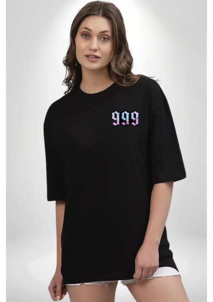 999 Bir Sonuç Bir Bitişi Simgeler Minimal Cep Baskılı Pamuklu Penye Kadın Erkek Siyah Tişört