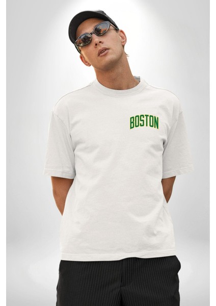Boston Minimal Cep Baskılı Pamuklu Penye Kadın Erkek Beyaz Tişört modelleri