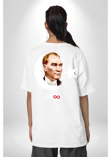Ay Yıldız Atatürk 10 Kasım Sonsuza Kadar Sırt Baskılı Pamuklu Penye Kadın Erkek Beyaz Tişört
